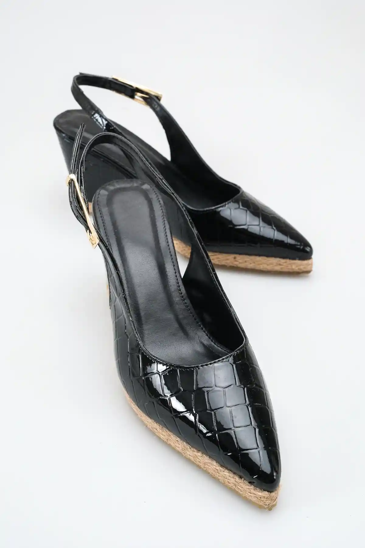 Siyah Kroko Kadın Sivri Burun Dolgu Topuklu Sandalet