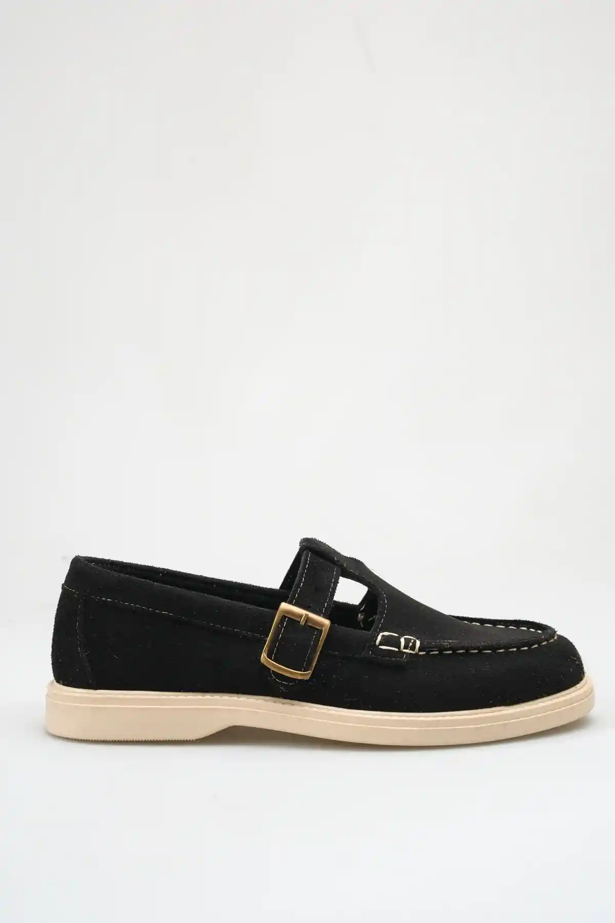 Siyah Süet Kadın Kemerli Loafer Ayakkabı