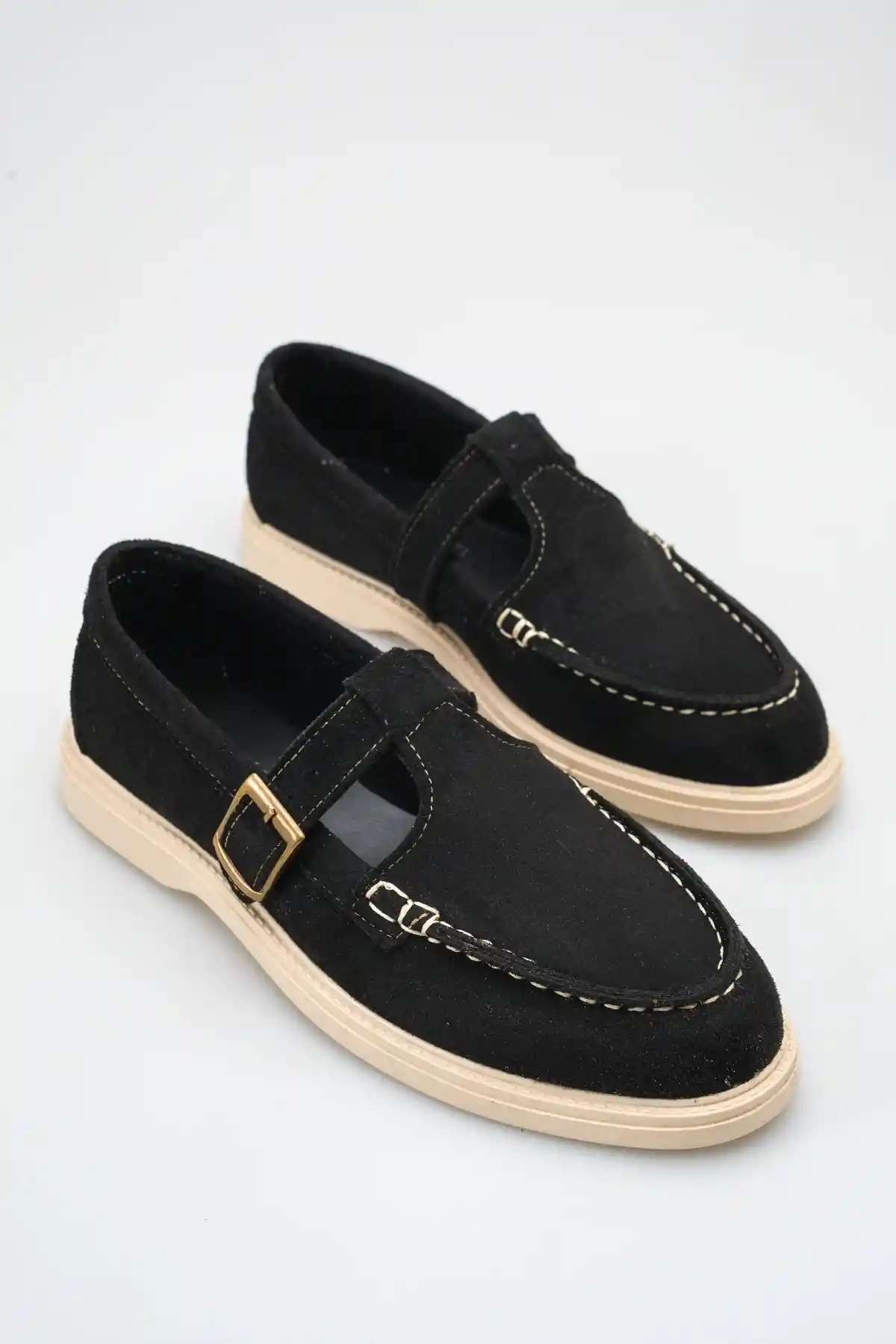 Siyah Süet Kadın Kemerli Loafer Ayakkabı