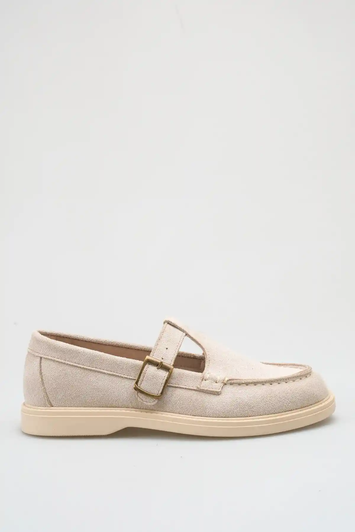 Bej Süet Kadın Kemerli Loafer Ayakkabı