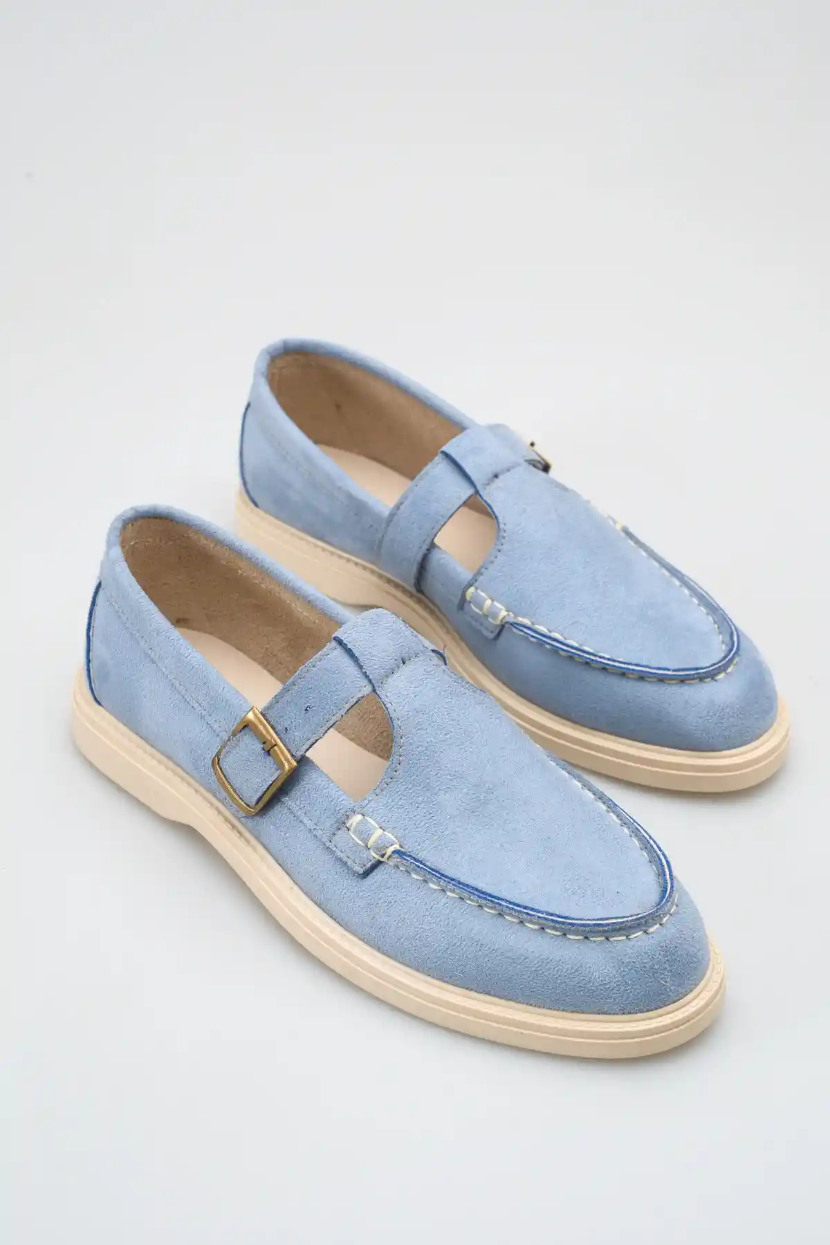 Bebe Mavi Süet Kadın Kemerli Loafer Ayakkabı