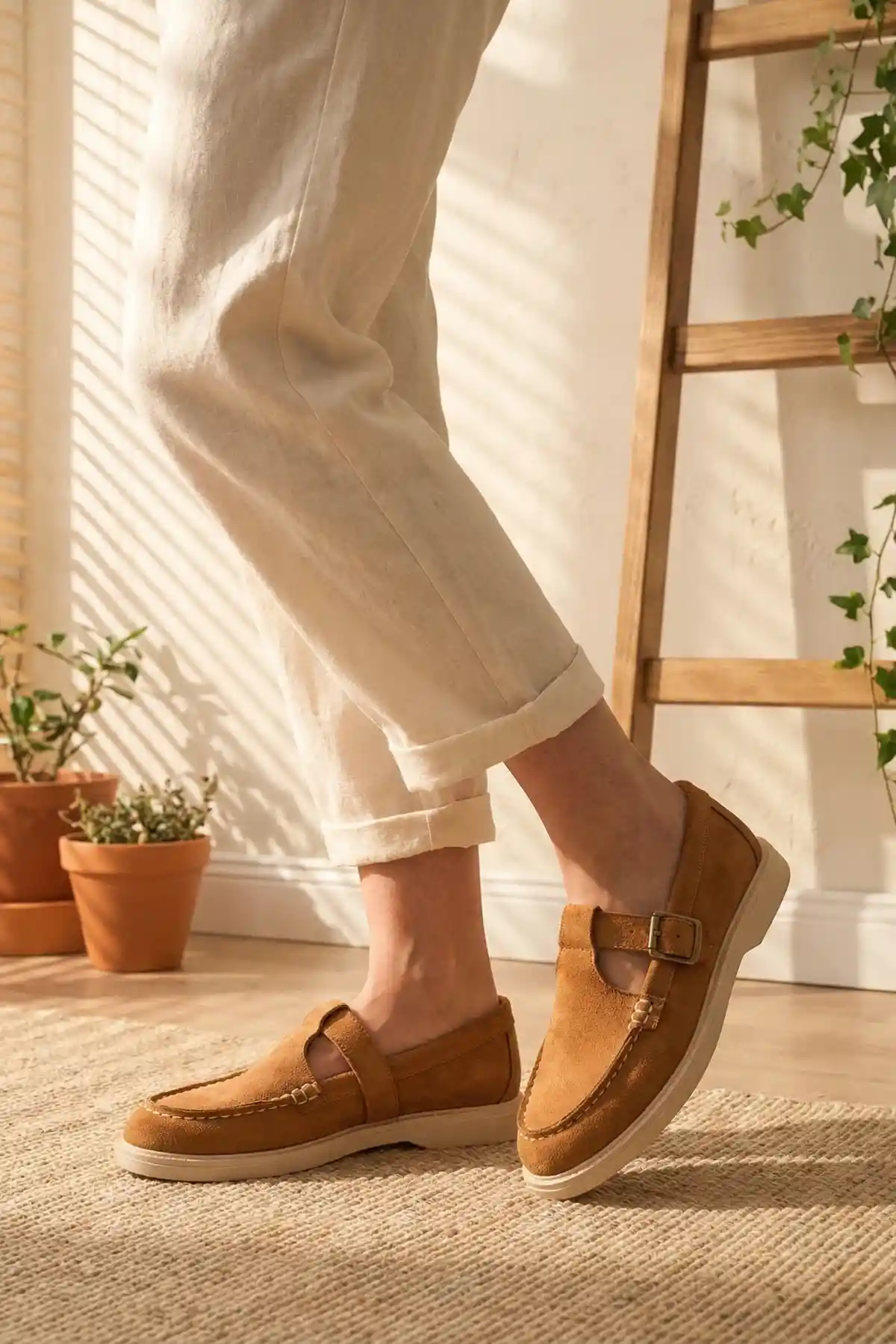 Taba Süet Kadın Kemerli Loafer Ayakkabı