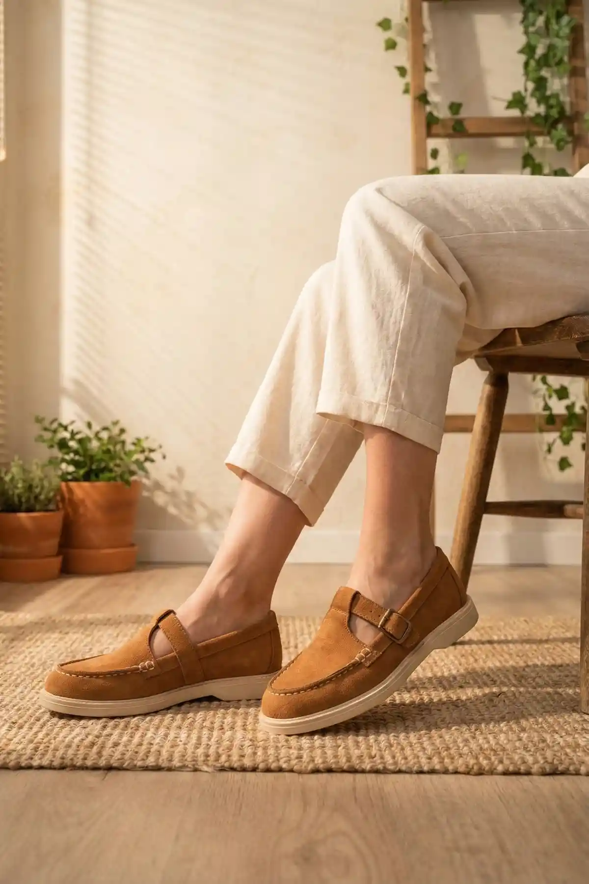 Taba Süet Kadın Kemerli Loafer Ayakkabı