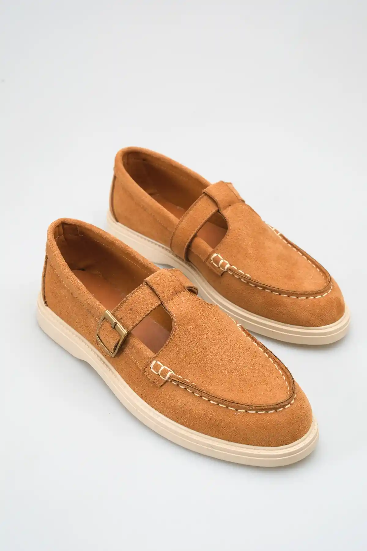 Taba Süet Kadın Kemerli Loafer Ayakkabı