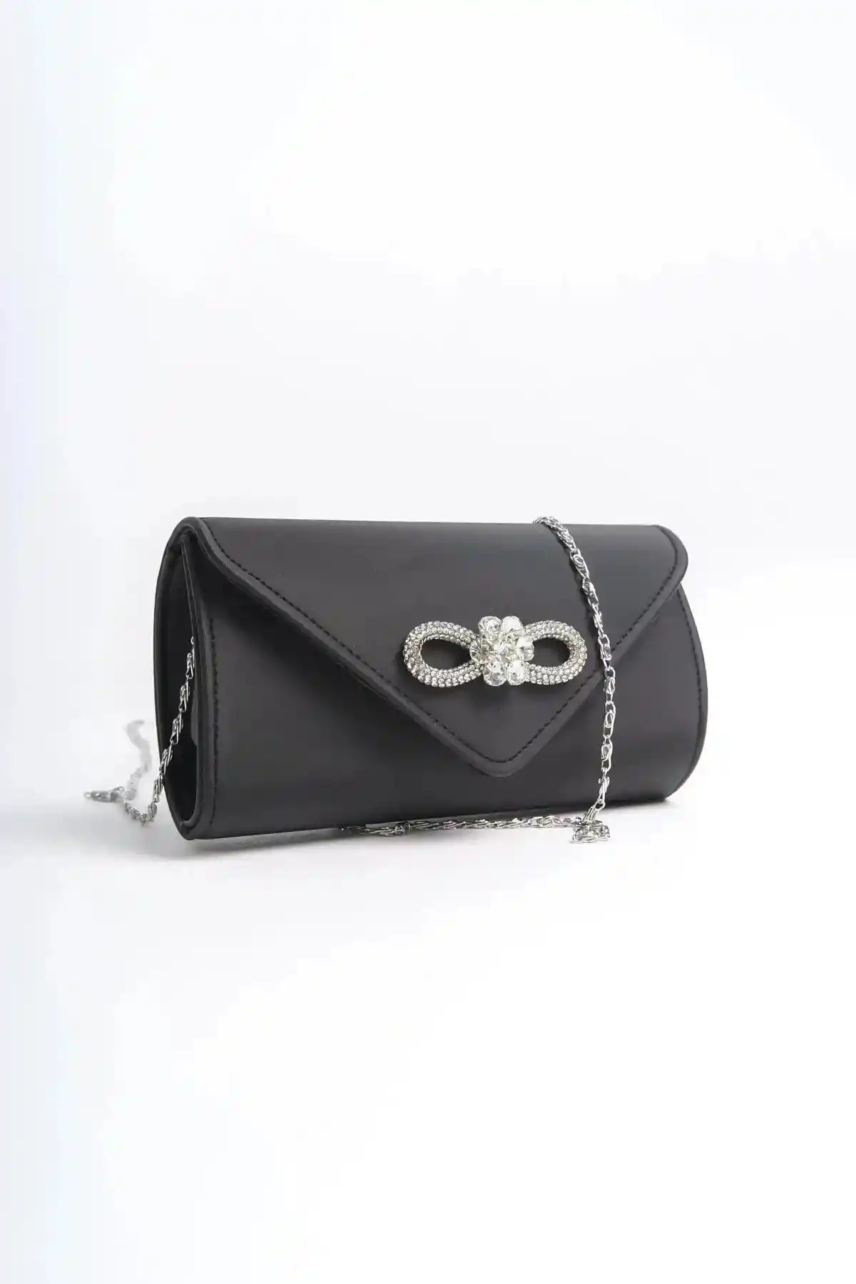 Black Satin Womens Embellished Clutch Bag