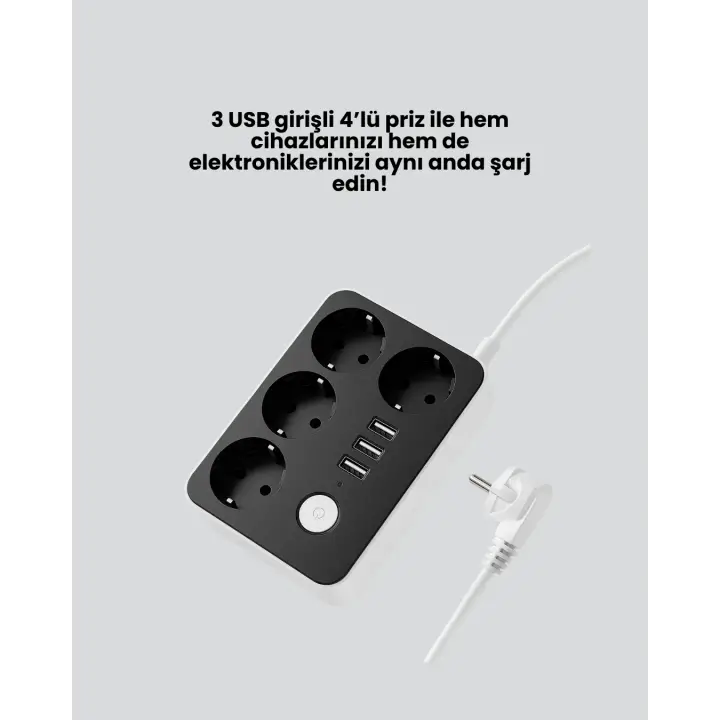 3 USB Çıkışlı 4’lü Akıllı Priz 2500W 2 Metre Kablo