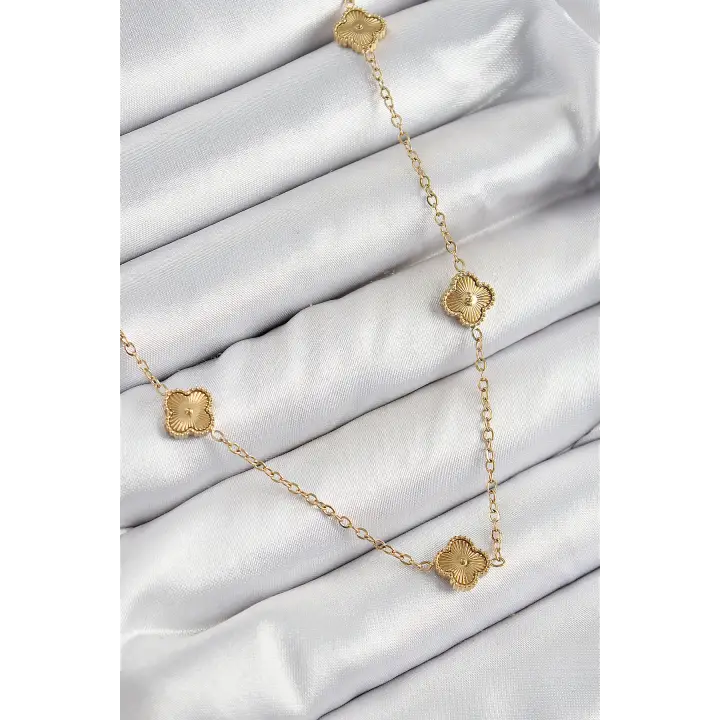 316L Çelik Yonca Model Gold Renk Kadın Kolye