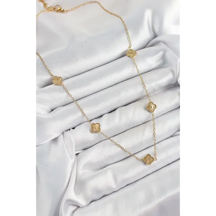 316L Çelik Yonca Model Gold Renk Kadın Kolye