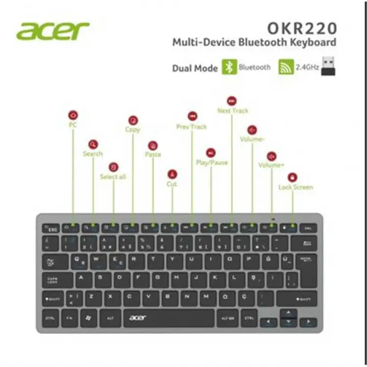 Acer OKR220 Siyah MultiDevice Dual Mode 2.4GHZ Bluetooth Klavye (Smart Tv)(Android)