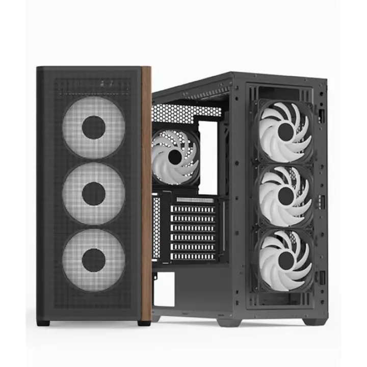 Aerocool AE D501A BK 4x12cm A-RGB Fanlı, Ahşap Ön Panel Temp Cam Yan ve Mesh Ön Panel,USB Type-C