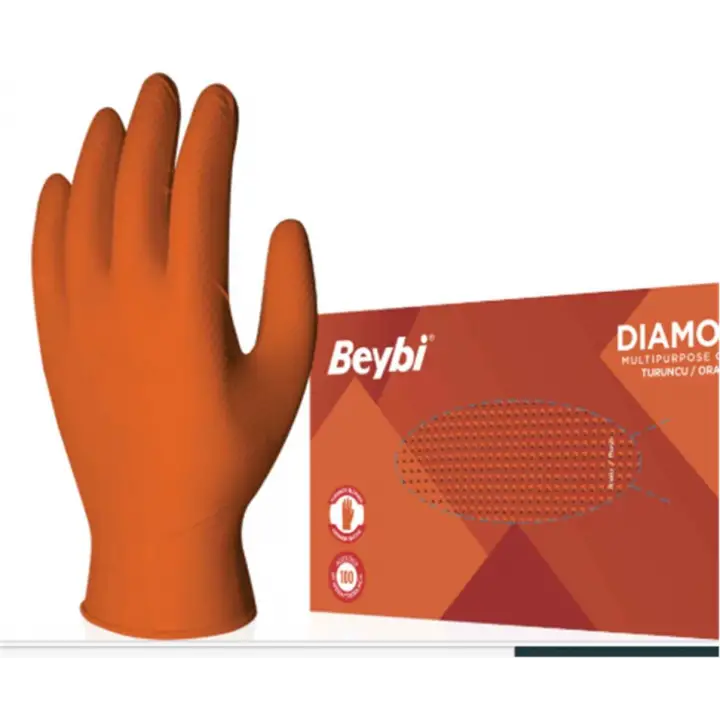 Beybi Diamond Pudrasız M Beden Kalın Turuncu Nitril Eldiven Medıum 100 Adet