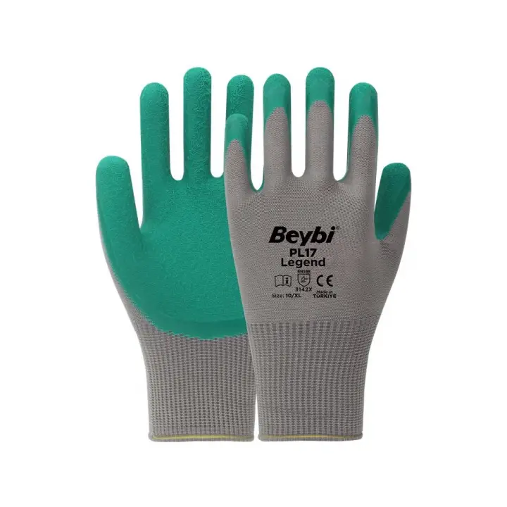 BEYBİ PL17 9 Beden Gri-Yeşil 12li Paket Legend Polyester Örme Lateks Eldiven
