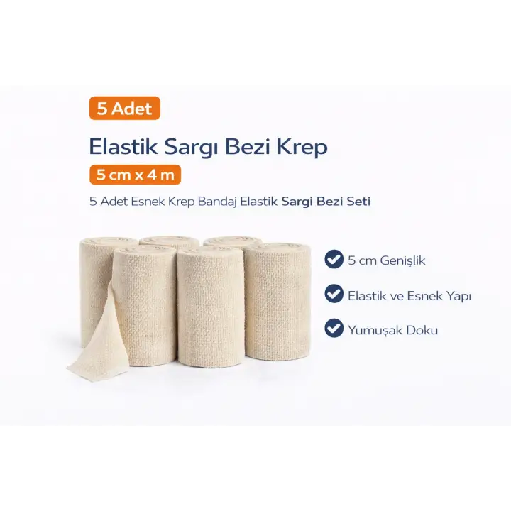 Elastik Sargı Bezi Krep 5 cm x 4 m 5 Adet Esnek Krep Bandaj Elastik Sargı Bezi Seti