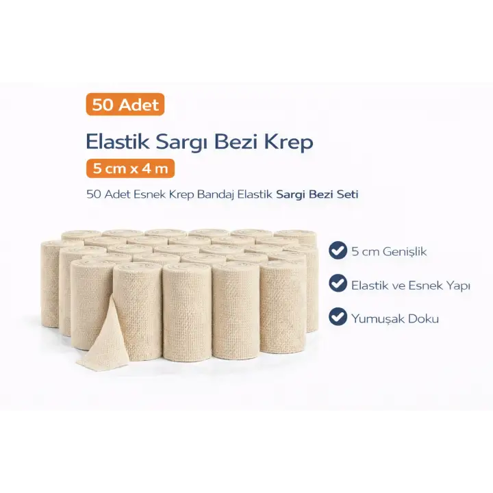 Elastik Sargı Bezi Krep 5 cm x 4 m 50 Adet Esnek Krep Bandaj Elastik Sargı Bezi Seti