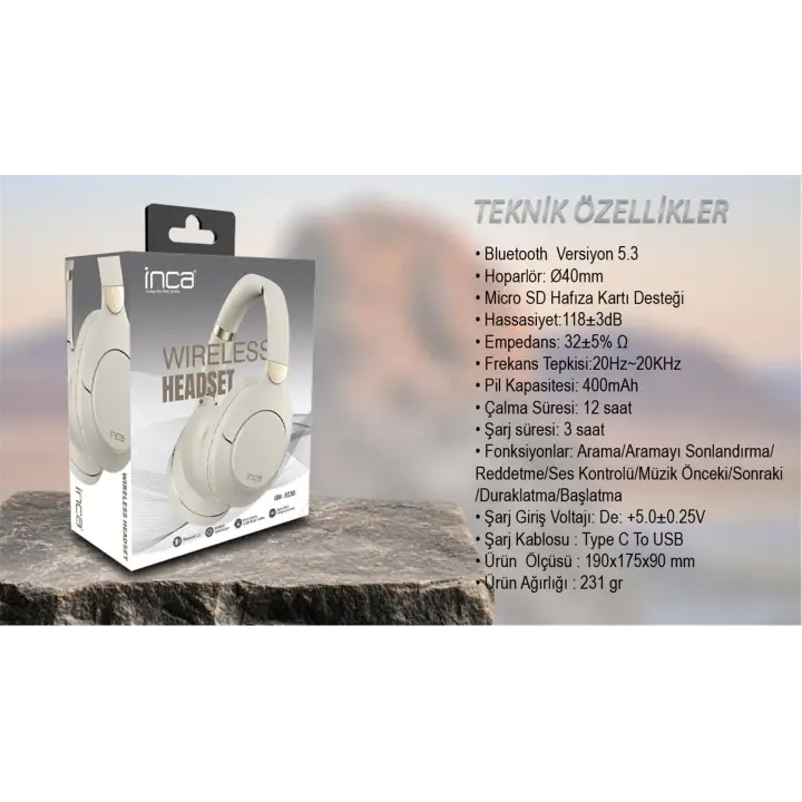 Inca IBK-503B Beyaz 5.3 Bluetooth Wireless Kulaklık Micro Sd Kulaklık 400mah Type-c To USB