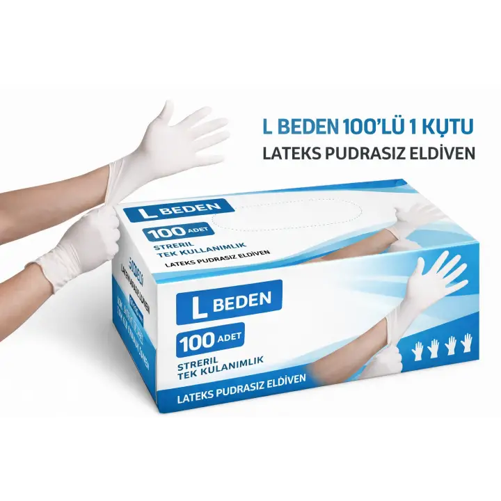 Lateks Pudrasız Eldiven L Beden 100lü 1 Kutu – Tek Kullanımlık Elastik Muayene Eldiveni