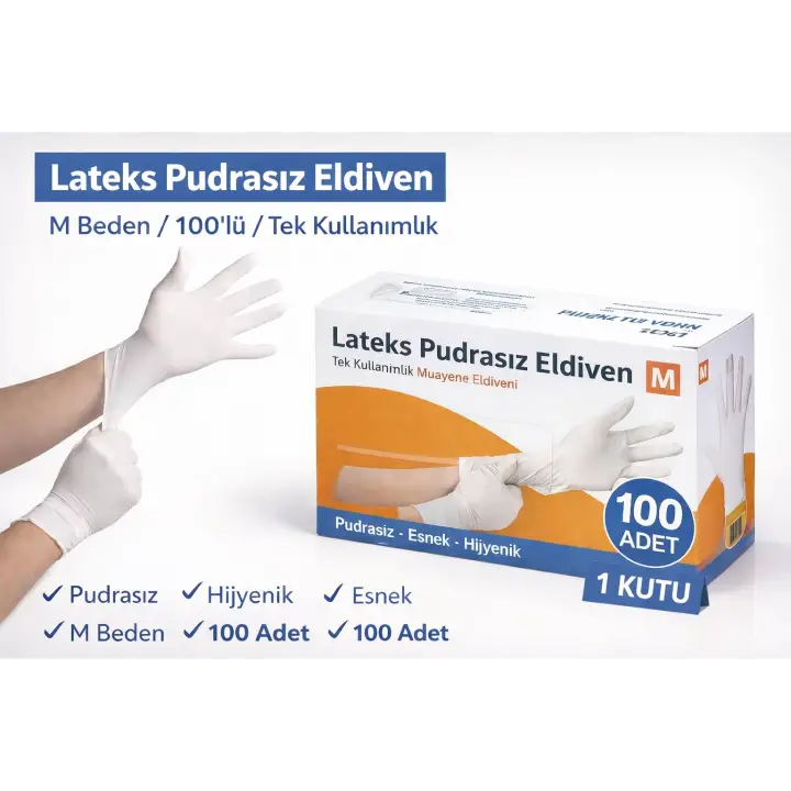 Lateks Pudrasız Eldiven M Beden 100lü 1 Kutu – Tek Kullanımlık Elastik Muayene Eldiveni