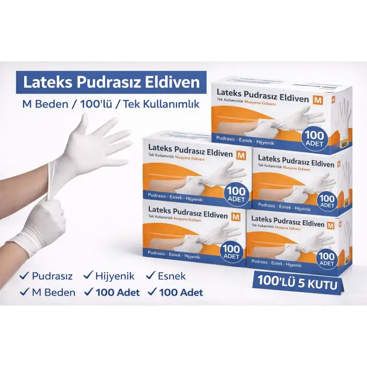 Lateks Pudrasız Eldiven M Beden 100lü 5 Kutu – Tek Kullanımlık Elastik Muayene Eldiveni Toplu Paket