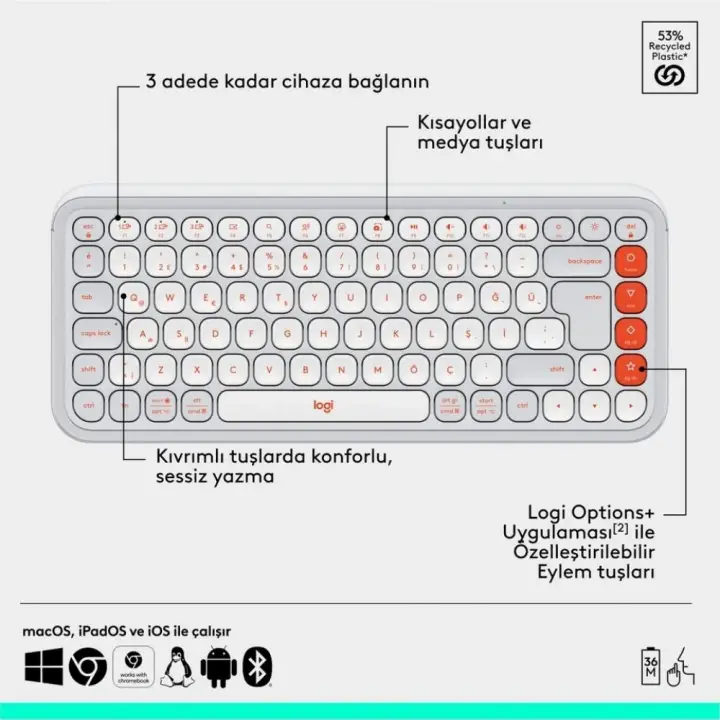 Logitech Pop Icon Combo 920-013076 Beyaz Kablosuz Klavye Mouse Seti