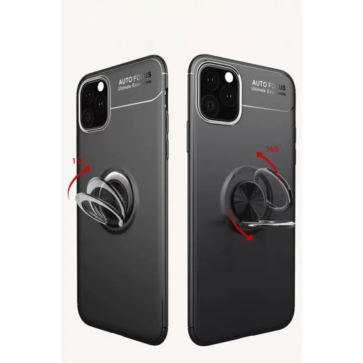 Newface Apple iPhone 11 Pro Max Kılıf Range Yüzüklü Silikon - Siyah-Kırmızı