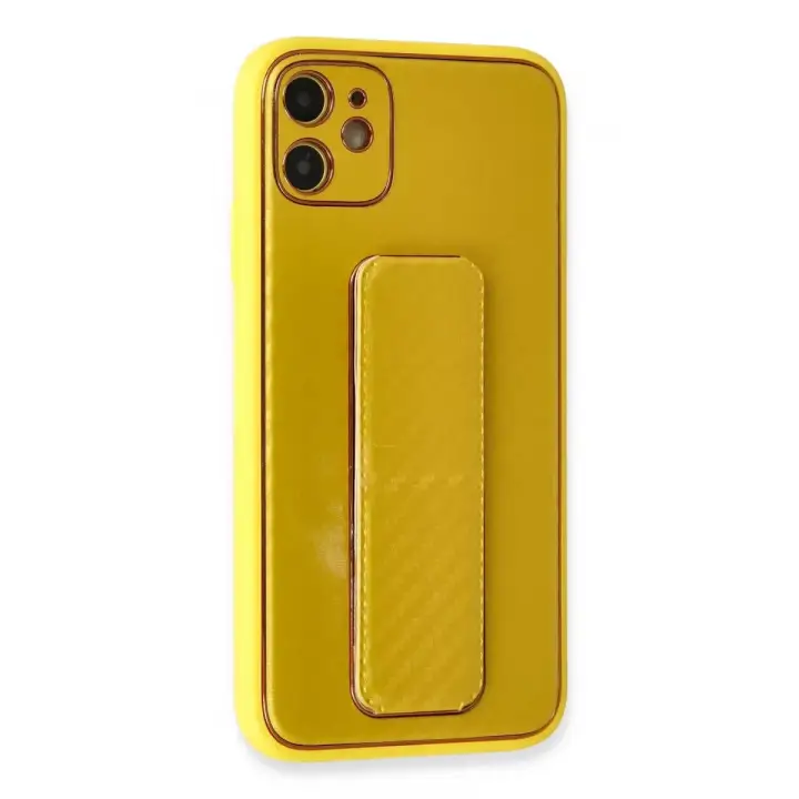 Newface Apple iPhone 12 Kılıf Coco Karbon Standlı Kapak - Sarı