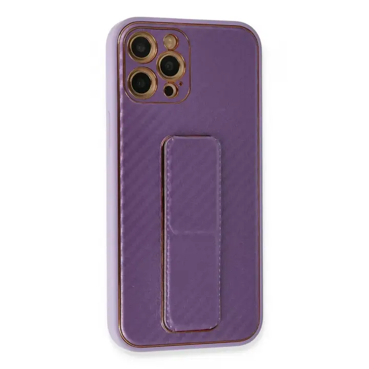 Newface Apple iPhone 12 Pro Kılıf Coco Karbon Standlı Kapak - Mor