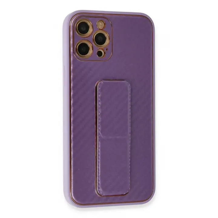 Newface Apple iPhone 12 Pro Kılıf Coco Karbon Standlı Kapak - Mor