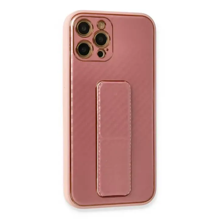 Newface Apple iPhone 12 Pro Kılıf Coco Karbon Standlı Kapak - Pembe