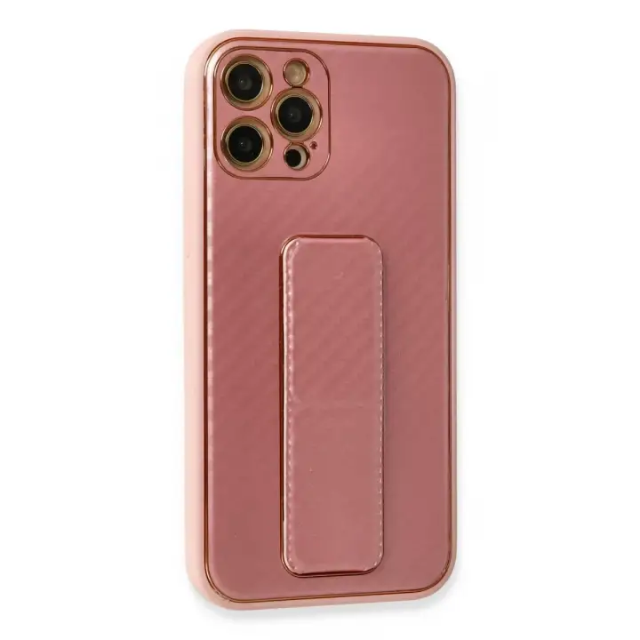 Newface Apple iPhone 12 Pro Kılıf Coco Karbon Standlı Kapak - Pembe