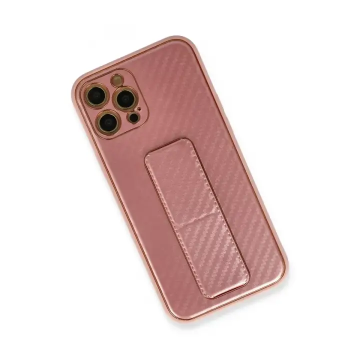 Newface Apple iPhone 12 Pro Kılıf Coco Karbon Standlı Kapak - Pembe