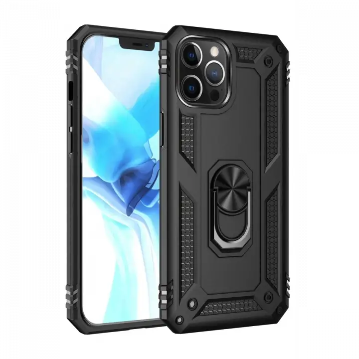 Newface iPhone 12 Pro Max Kılıf Sofya Yüzüklü Silikon Kapak - Siyah