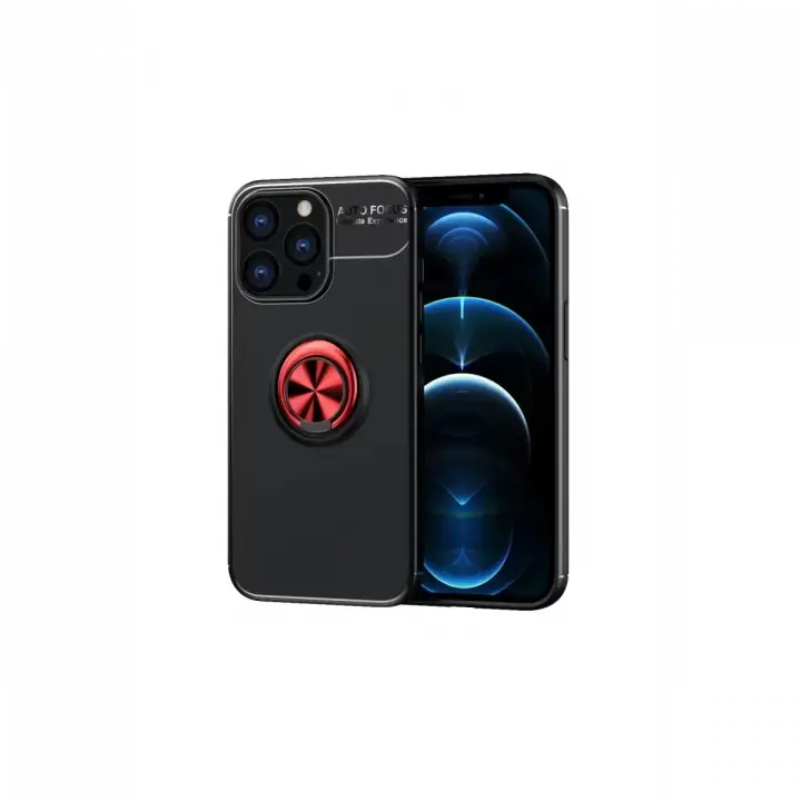 Newface iPhone 13 Pro Max Kılıf Range Yüzüklü Silikon - Siyah-Kırmızı