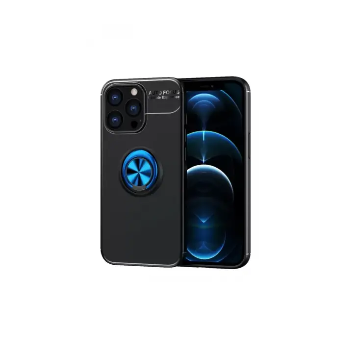 Newface Apple iPhone 13 Pro Max Kılıf Range Yüzüklü Silikon - Siyah-Mavi