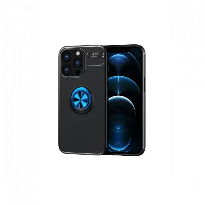 Newface iPhone 13 Pro Max Kılıf Range Yüzüklü Silikon - Siyah-Mavi