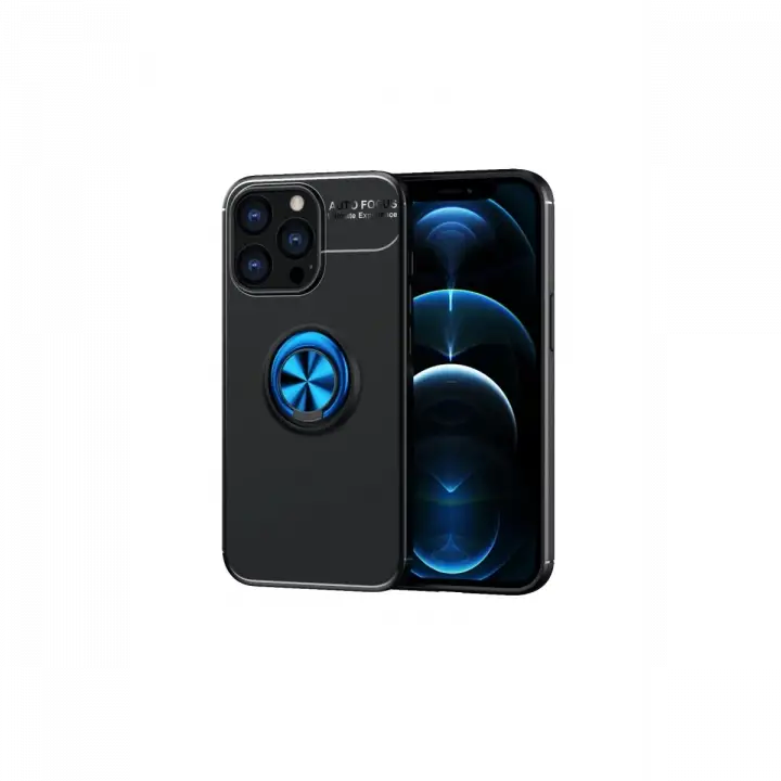 Newface iPhone 13 Pro Max Kılıf Range Yüzüklü Silikon - Siyah-Mavi