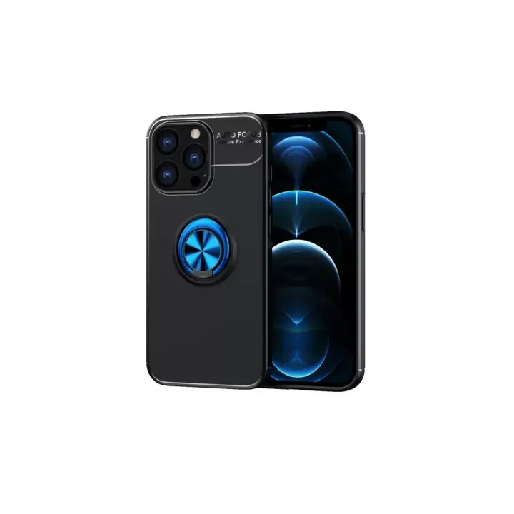 Newface iPhone 13 Pro Max Kılıf Range Yüzüklü Silikon - Siyah-Mavi