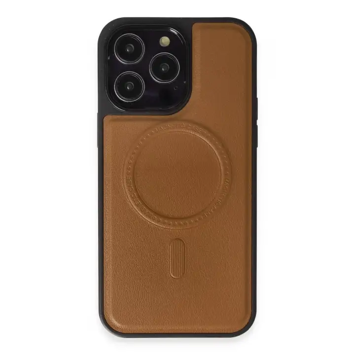 Newface iPhone 15 Pro Max Kılıf Ozzi Magsafe Deri Kapak - Taba