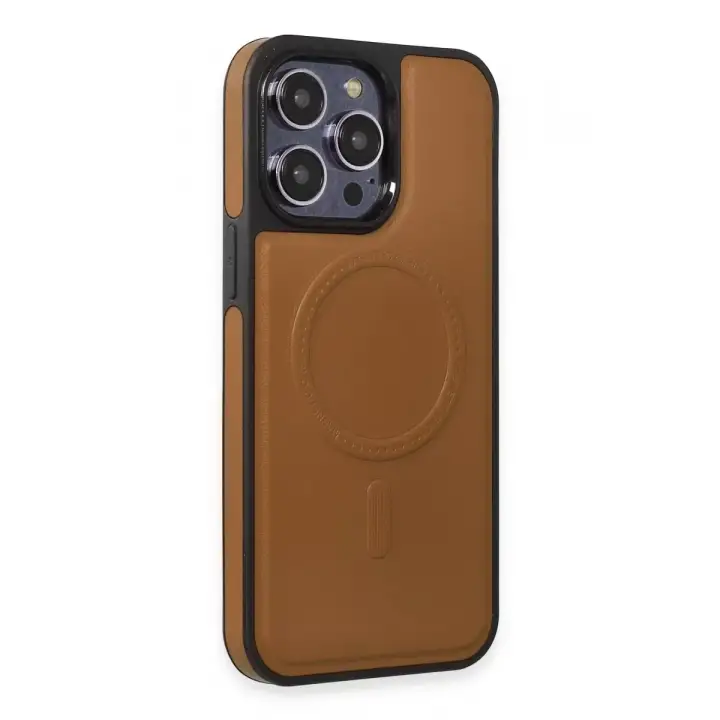 Newface iPhone 15 Pro Max Kılıf Ozzi Magsafe Deri Kapak - Taba