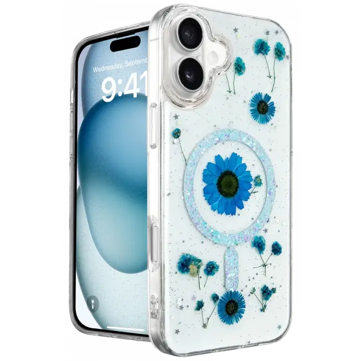 Newface Apple iPhone 16 Kılıf Daisy Simli Magsafe Kapak - Mavi