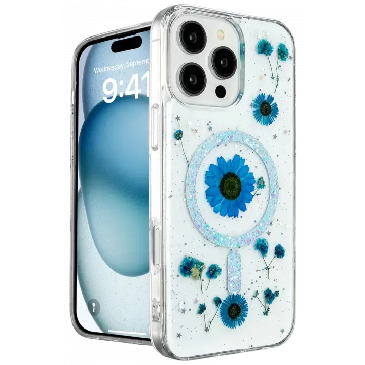 Newface Apple iPhone 16 Pro Max Kılıf Daisy Simli Magsafe Kapak - Mavi