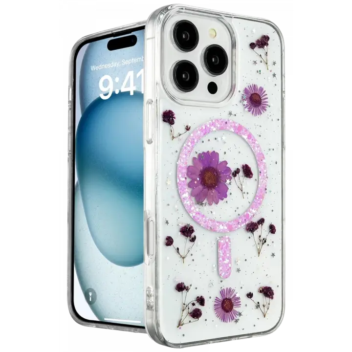 Newface Apple iPhone 16 Pro Max Kılıf Daisy Simli Magsafe Kapak - Mor