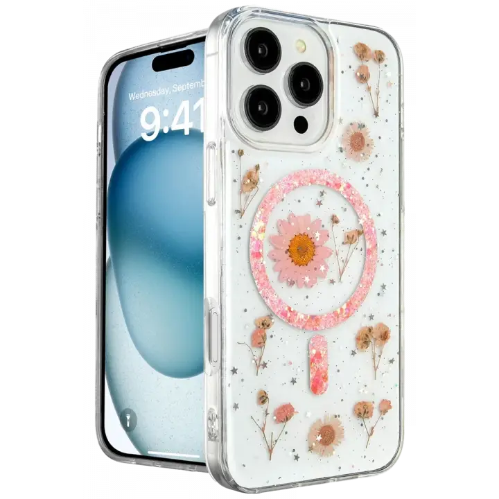 Newface Apple iPhone 16 Pro Max Kılıf Daisy Simli Magsafe Kapak - Pembe