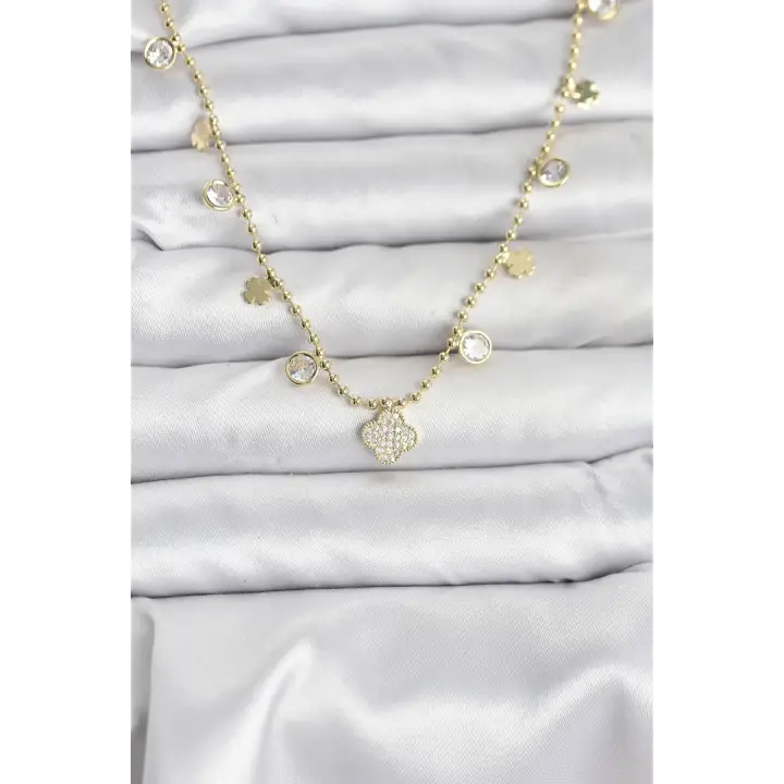 Pirinç Gold Renk Yonca Model Kadın Kolye
