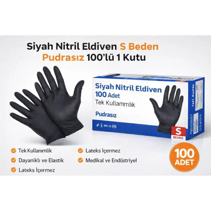 Siyah Nitril Eldiven S Beden Pudrasız 100lü 1 Kutu Tek Kullanımlık Muayene Eldiveni Dayanıklı Elastik Koruyucu Eldiven