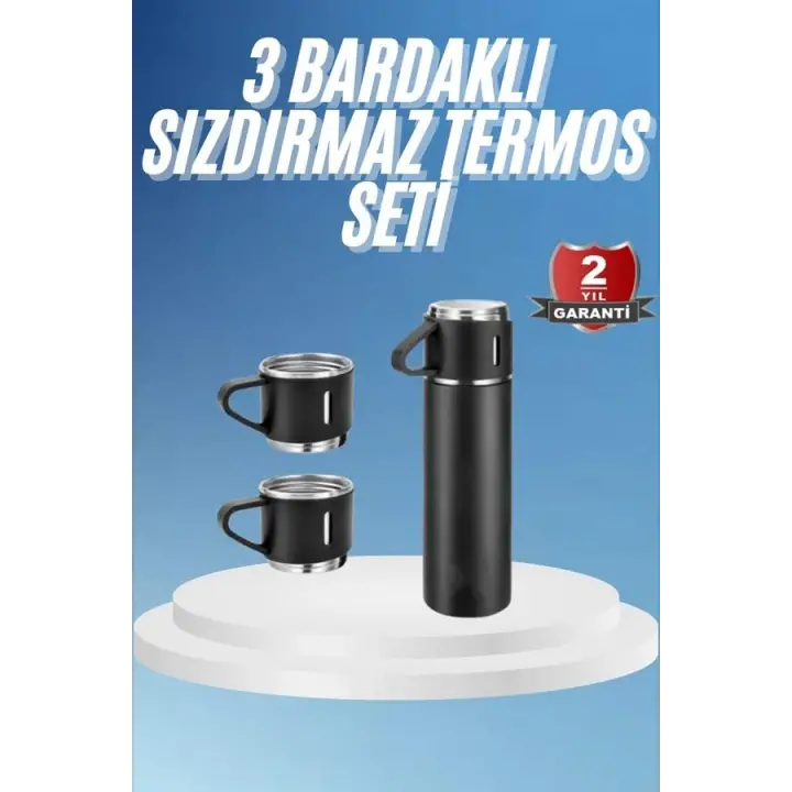 Termos Paslanmaz Çelik Termos Siyah Renk 3 Bardaklı Termos Seti