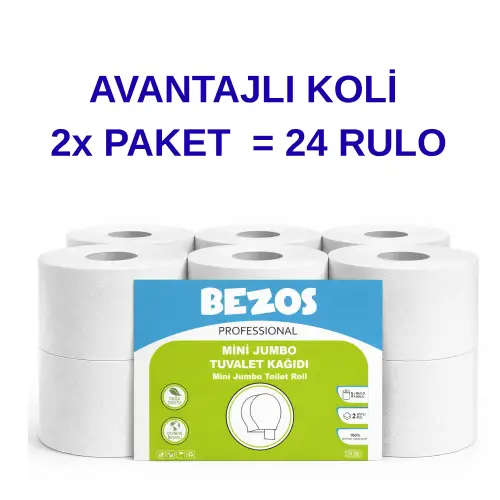 Bezos Professional Mini Tuvalet Kağıdı 24 Rulo | 2 Katlı | %100 Selüloz | Endüstriyel & Ev Tipi Kullanım 2X12RULO