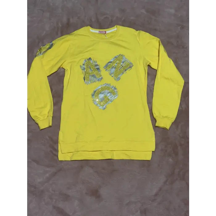 16 yaş ang baskılı tunik boy bisiklet yaka sweatshirt kız çocuk sarı