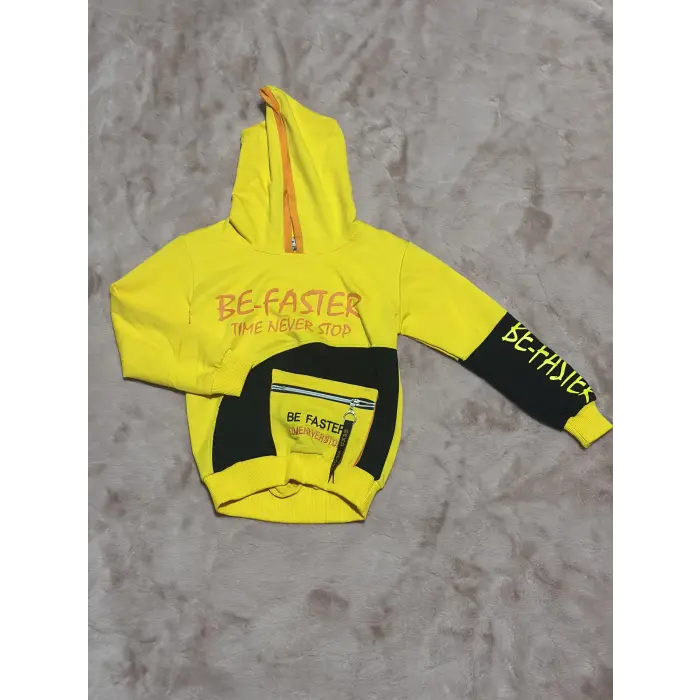 3-9 yaş naskılı ön fermuar detaylı kol ek kapşonlu sweatshirt sarı