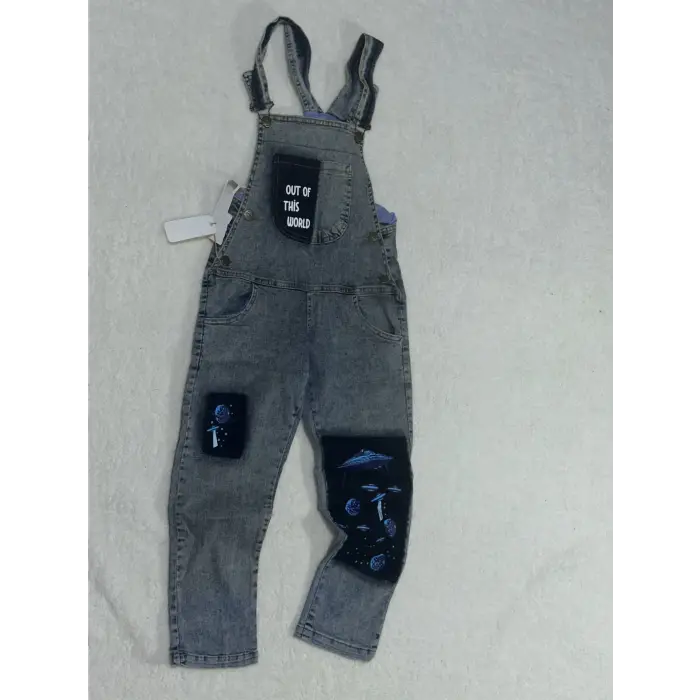 8-9 yaş kız çocuk jeans tulum baskılı buz mavi
