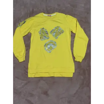 16 yaş ang baskılı tunik boy bisiklet yaka sweatshirt kız çocuk sarı